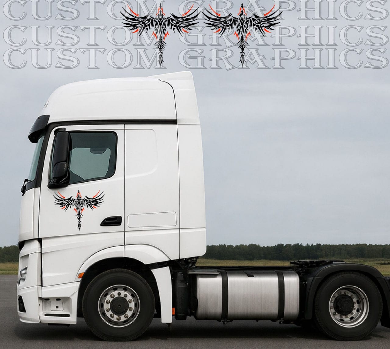 White truck with custom graphics on a road