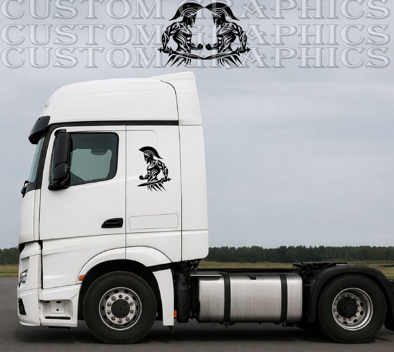 Custom spartan warrior vinyl decal installed on white truck cab side, minimalist black graphic