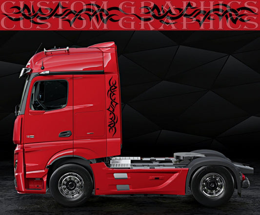 Red truck with custom graphics on a black background