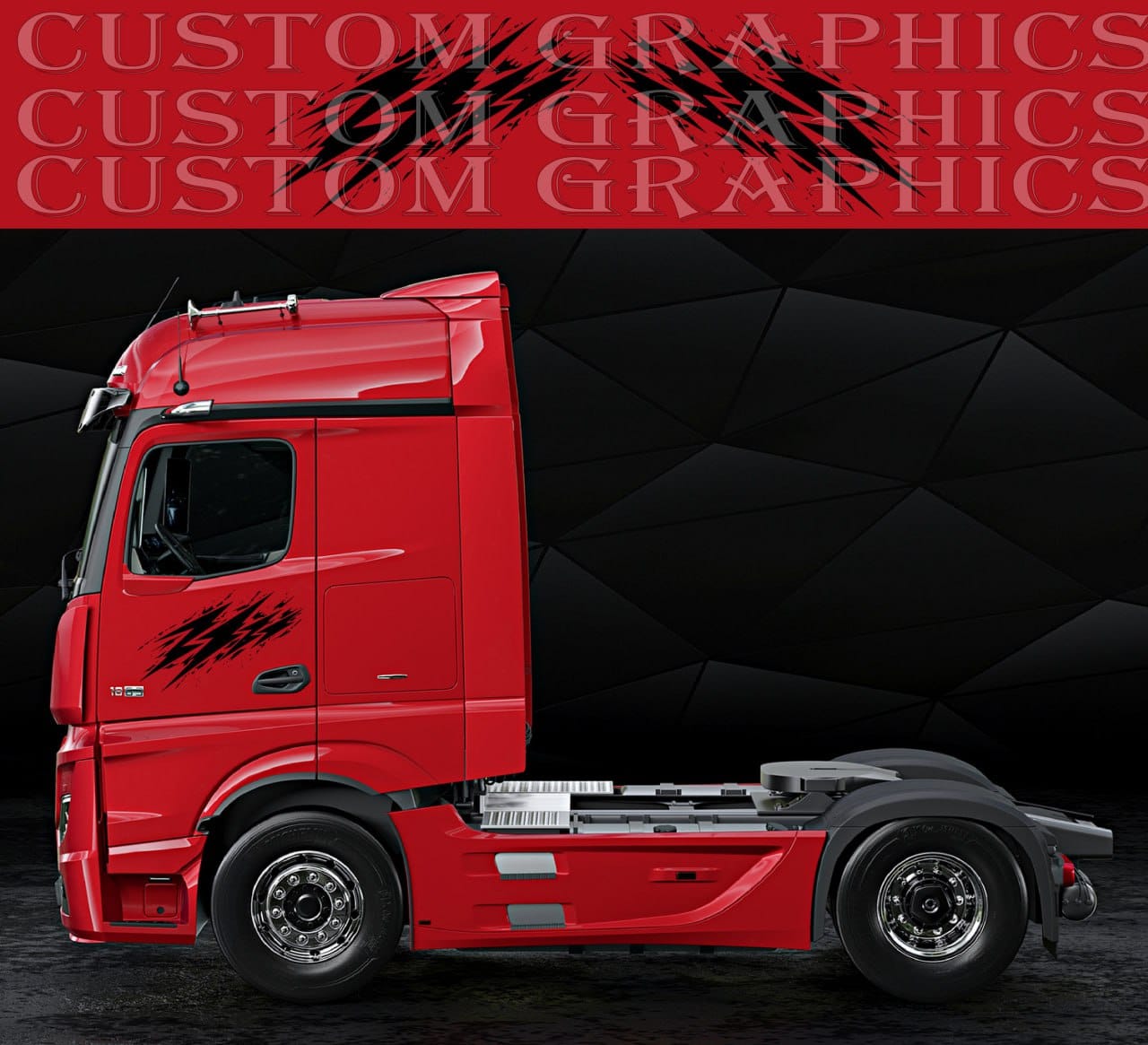 Scratch style vinyl decal installed on red truck cab side, custom black side graphic