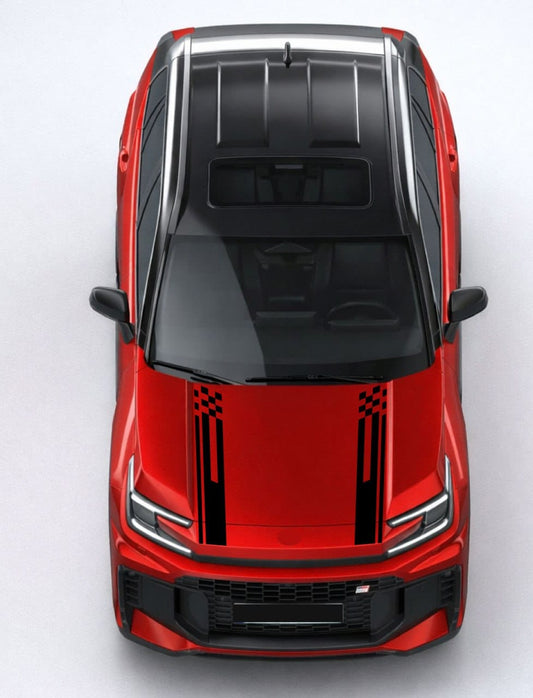 Top-down view of a red SUV with black accents on a white background vinyl stickers hood