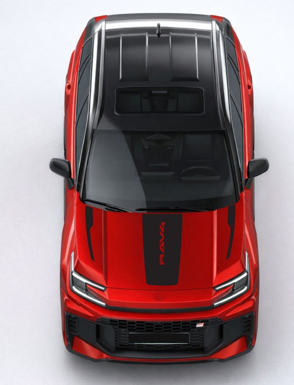 Top-down view of a red SUV with black accents on a white background new hood decals 3 sticker set