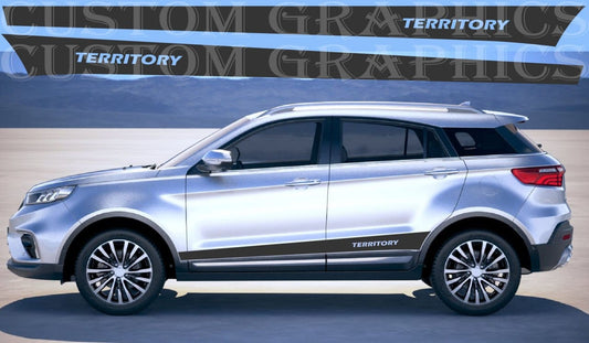 A silver SUV shown in side profile on a studio-style background, with a dark side decal reading TERRITORY. A large TERRITORY graphic banner is visible behind the vehicle.