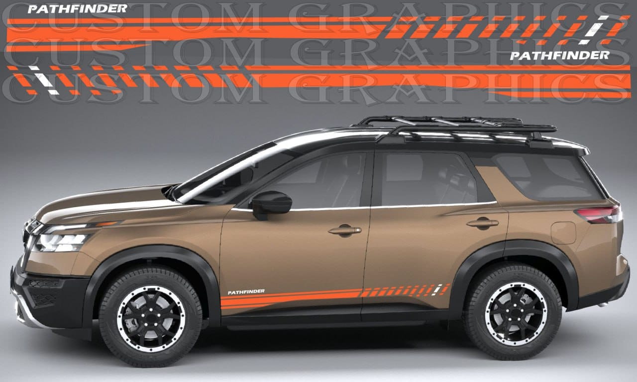 A side view of a tan Pathfinder SUV with orange and black custom vinyl decals applied along the lower side and roof, shown against a gray studio background with a larger decal graphic at the top labeled Pathfinder.