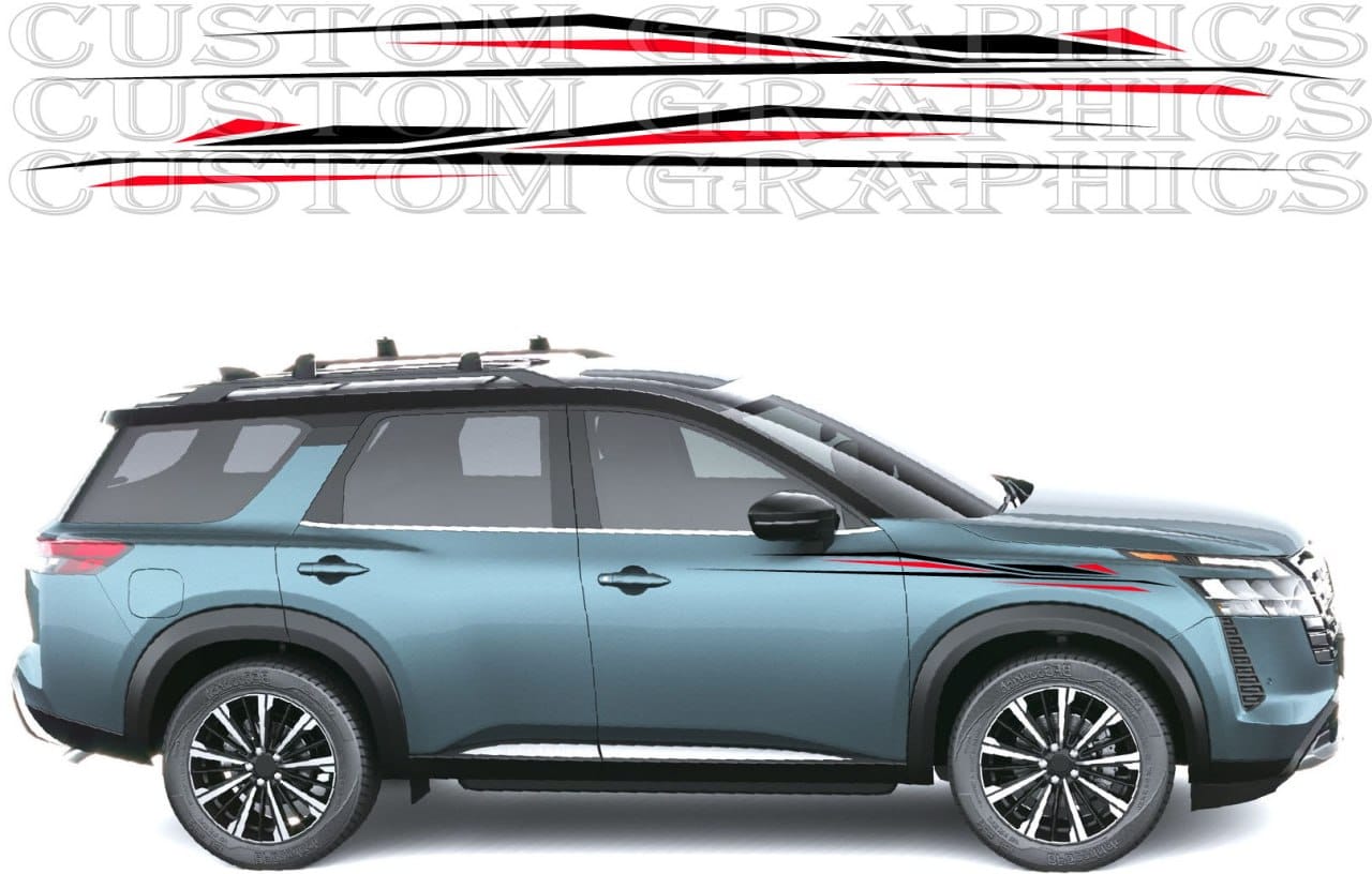 A side view of a blue-gray SUV on a white background with a large decal graphic above it. The decal design features black and red diagonal stripes with a small red accent, and the text 'CUSTOM GRAPHICS' is watermarked across the top.
