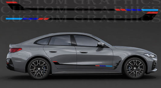 A gray BMW sedan shown in side profile on a dark studio background, with a set of M-style side decal graphics and a matching top-down strip of the same decals displayed above. The decals feature the signature blue, white, and red stripes.