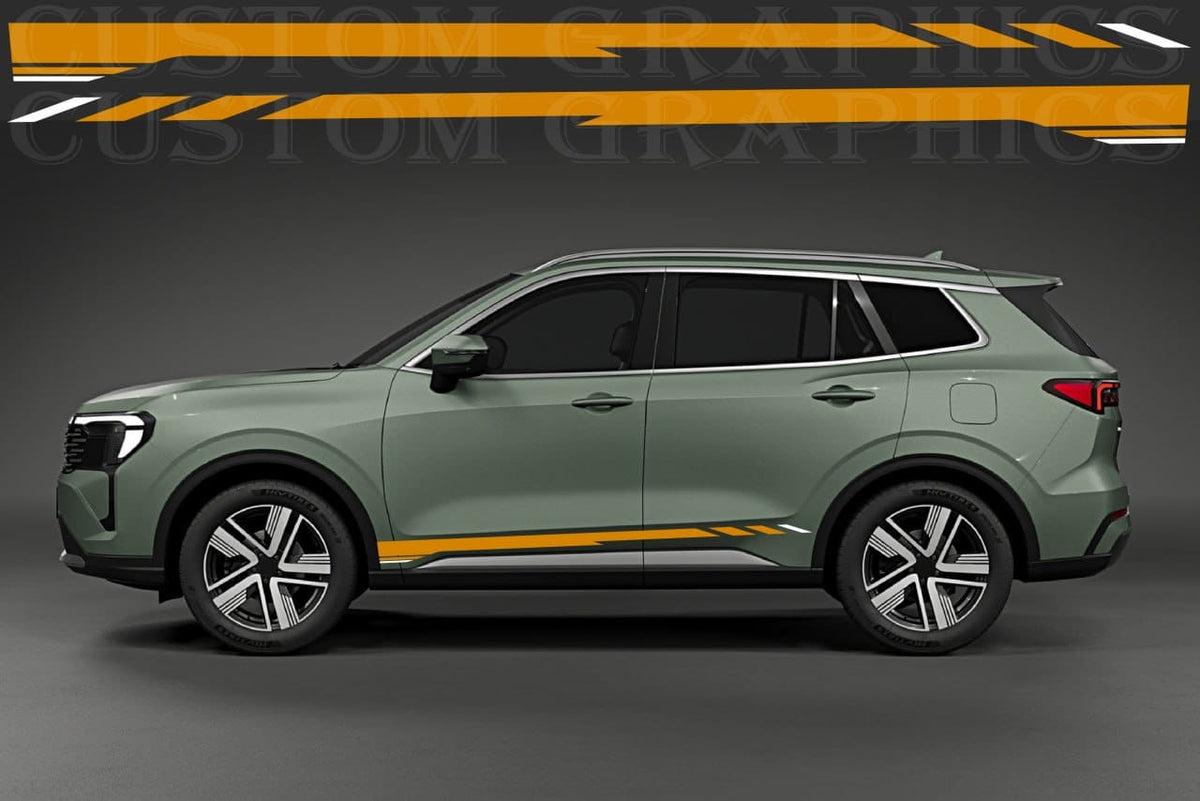 A side view of a sage green SUV with a yellow and black graphic decal strip applied along the top and lower side panels, set against a dark gray studio background.