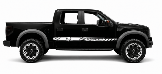 Black pickup truck with white graphics on a white background