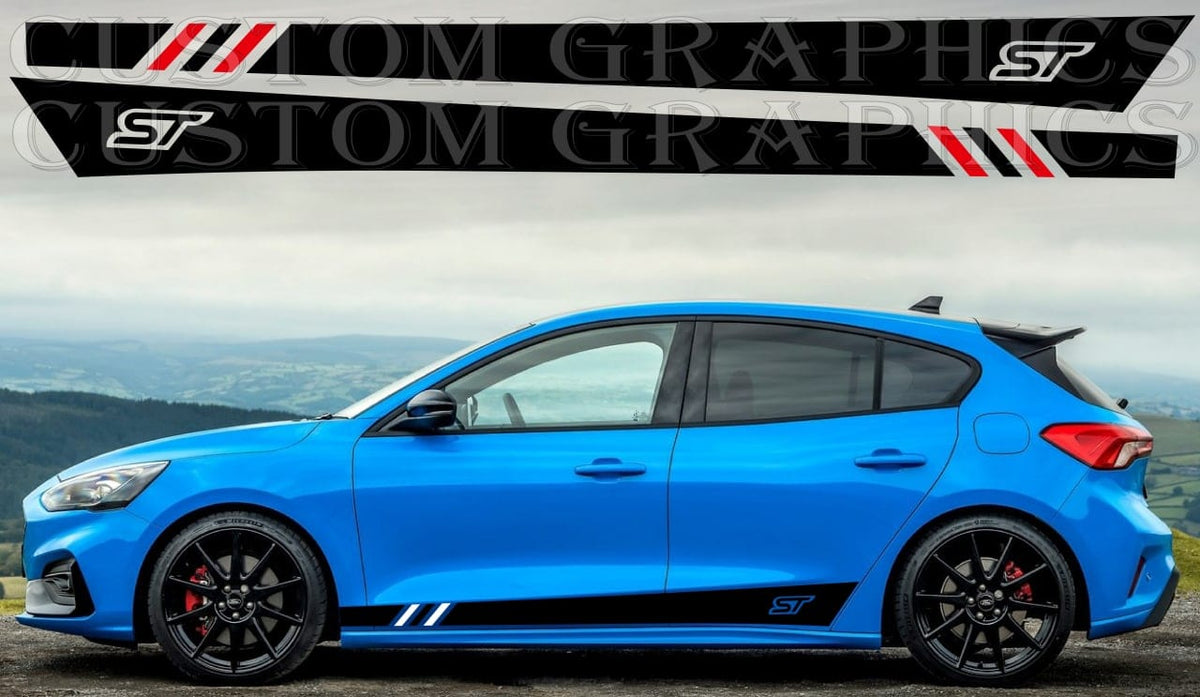 Blue Ford Focus hatchback with custom vinyl side stripe graphics installed