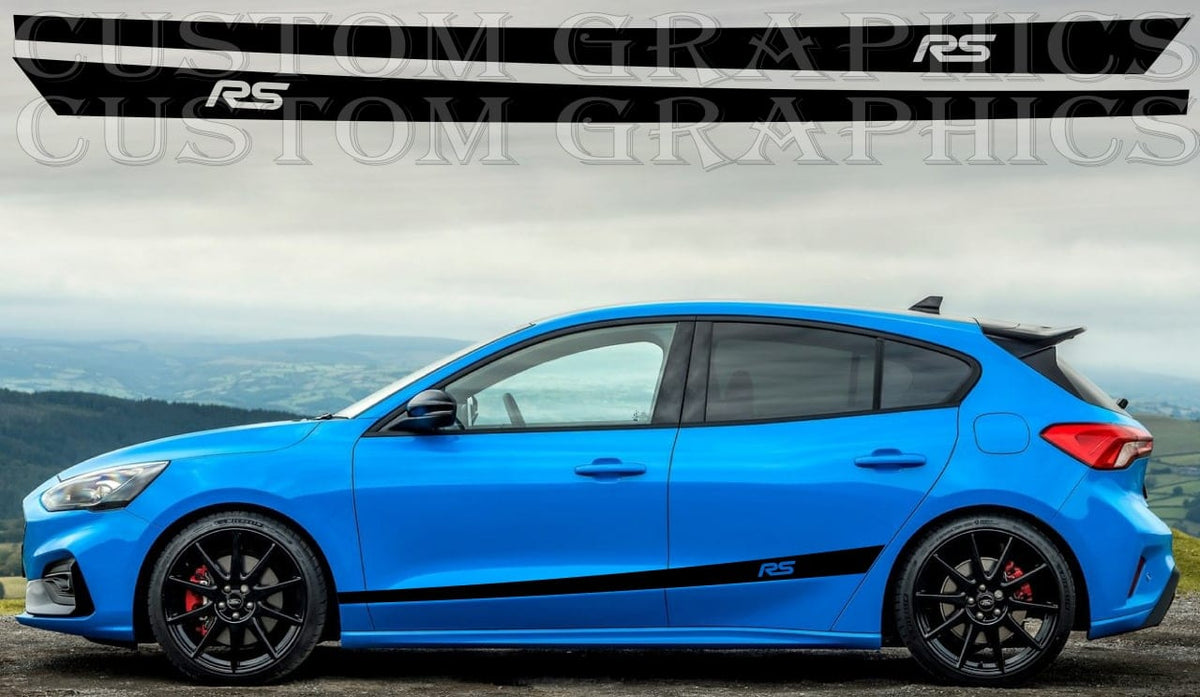 A blue Ford Focus hatchback with custom vinyl graphics decals on the sides, branded by Brothers Graphics.