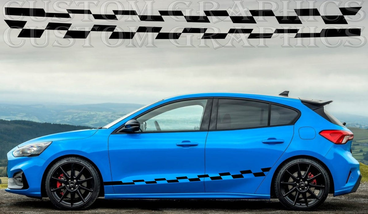 A blue Ford Focus hatchback with black wheels and red accents, featuring a custom vinyl decal design.