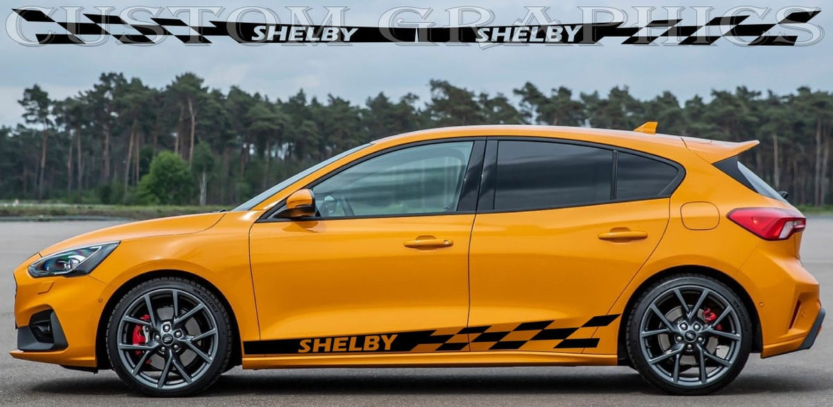 Ford Focus ST hatchback with Shelby-style vinyl side stripe decals in black on orange body