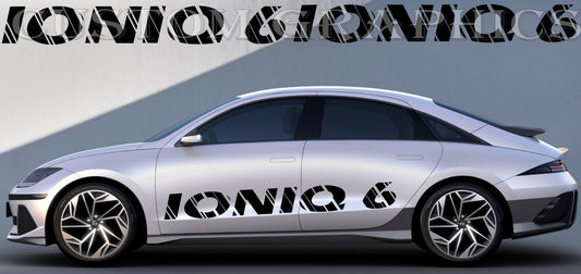 The image shows a Hyundai Ioniq 6 car with a vinyl decal design on its side, featuring the text 'IONO6' in a bold, black font.
