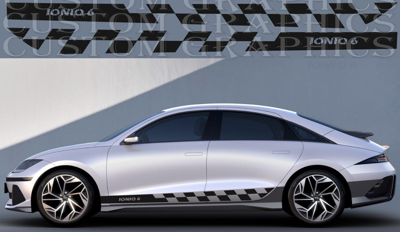 Side view of a Hyundai Ioniq 6 car with checkered design vinyl stripes on the lower part of the body.