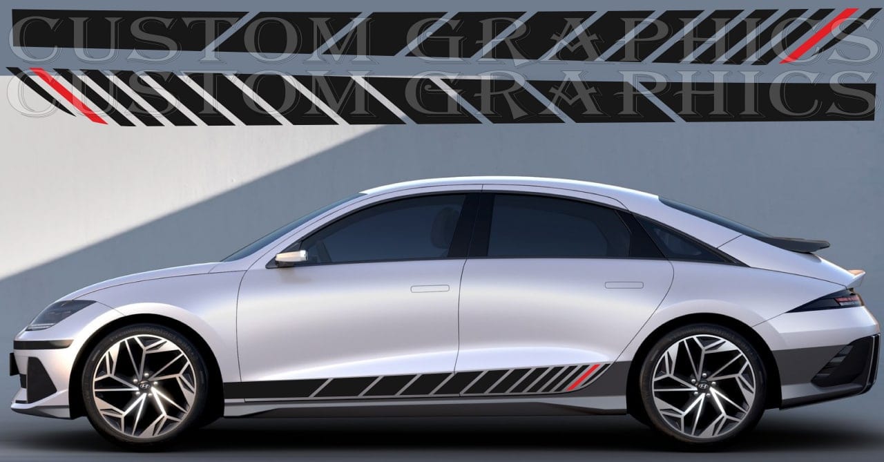 Side view of a silver Hyundai Ioniq 6 car featuring decal stripes along its body.