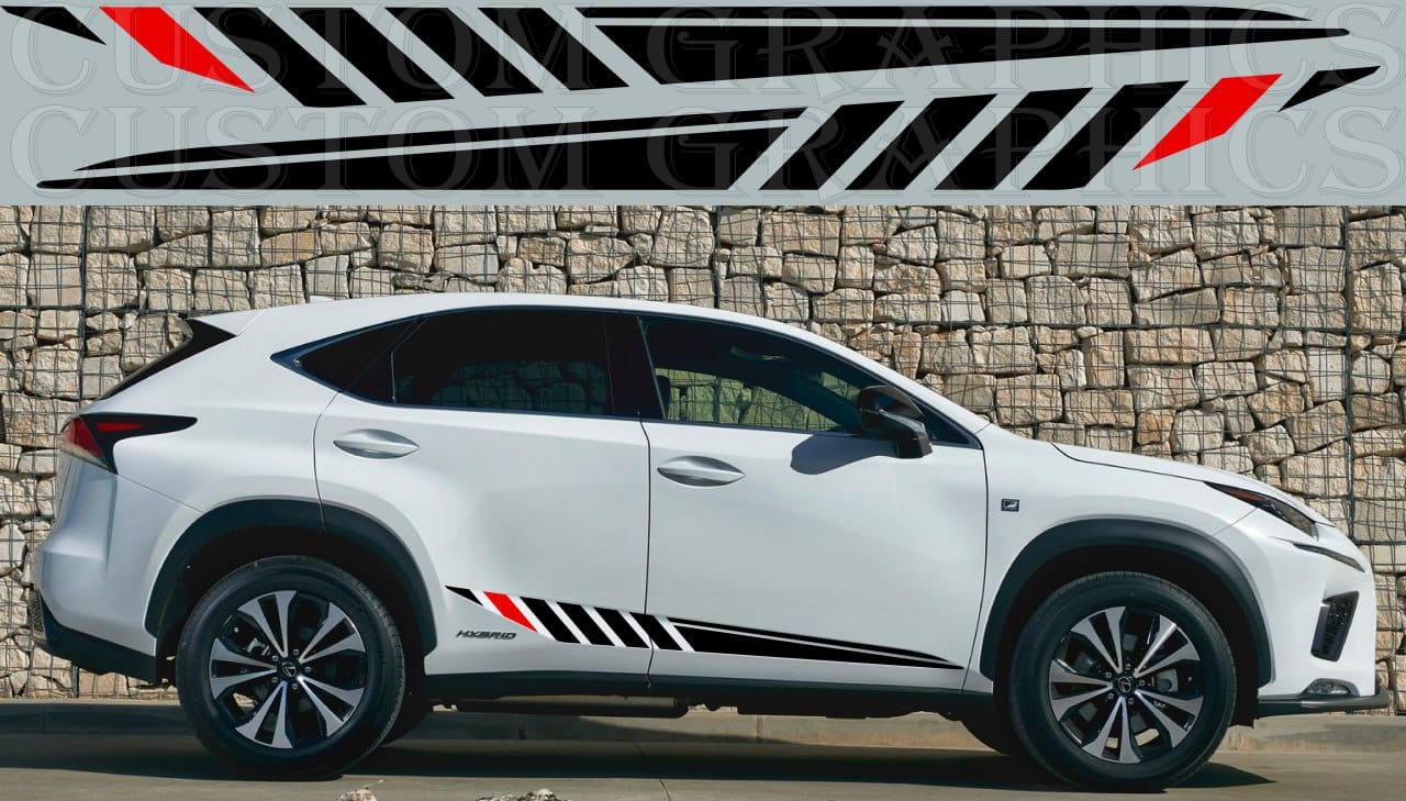 A white Lexus NX crossover SUV with black and red graphic stickers on the sides.