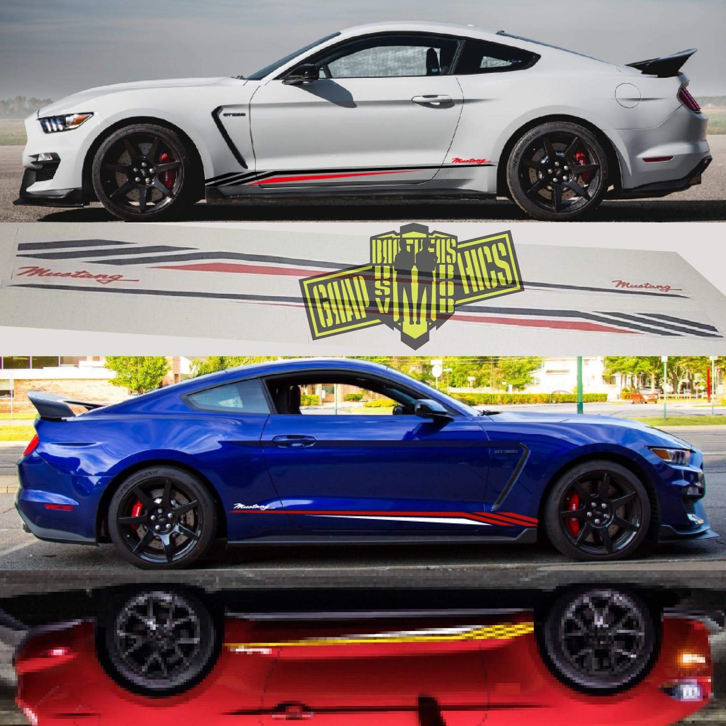 A collage of four images showing a Ford Mustang car with different decal designs. The top left image features a blue Mustang with a large graphic decal on the hood.