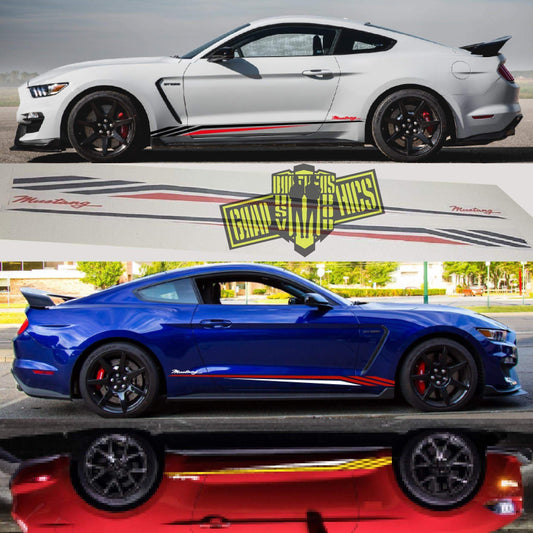 A collage of four images showing a Ford Mustang car with different decal designs. The top left image features a blue Mustang with a large graphic decal on the hood.