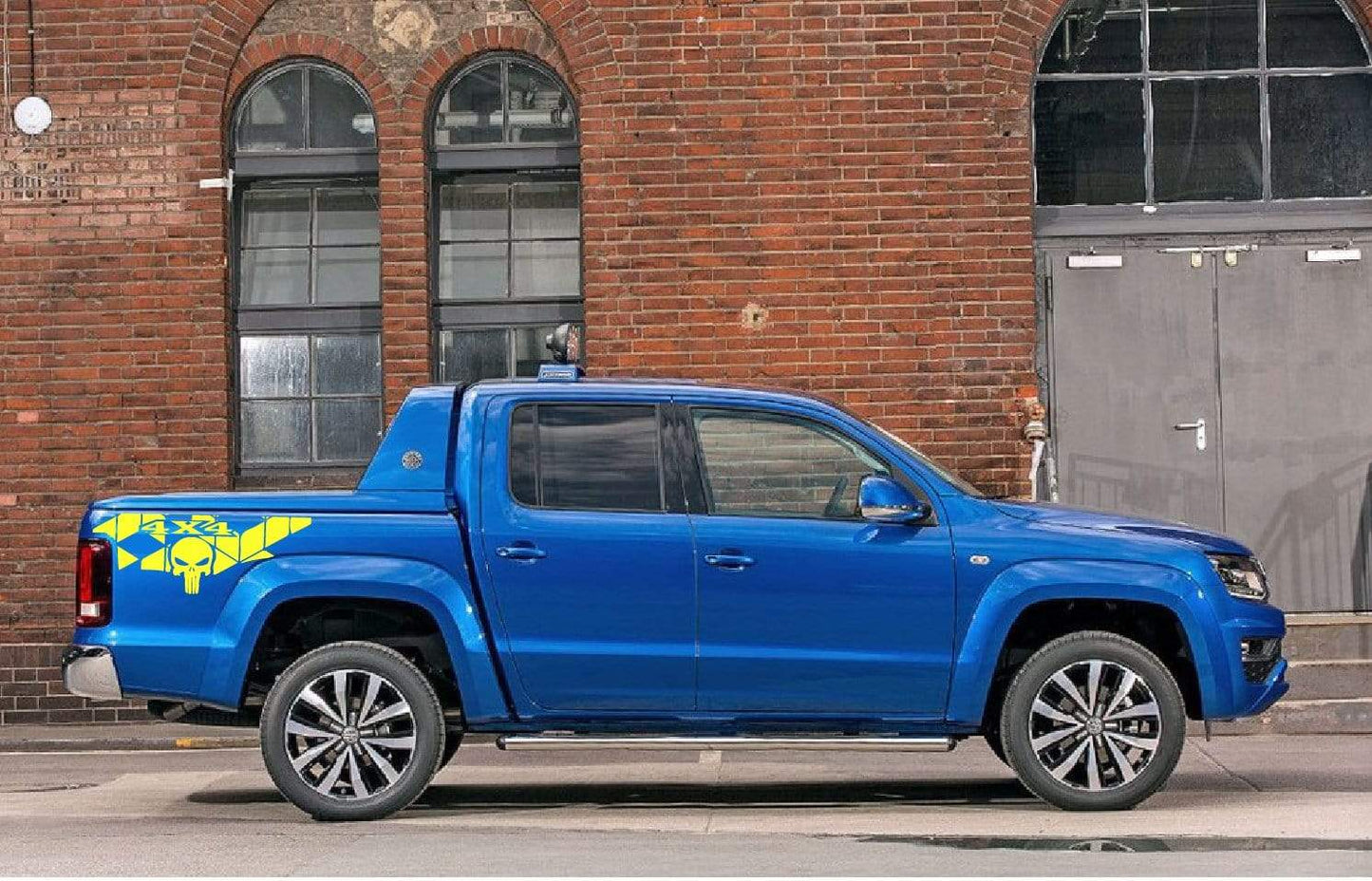 A truck with a custom rear decal design, showcasing the graphics that can be applied to the vehicle.
