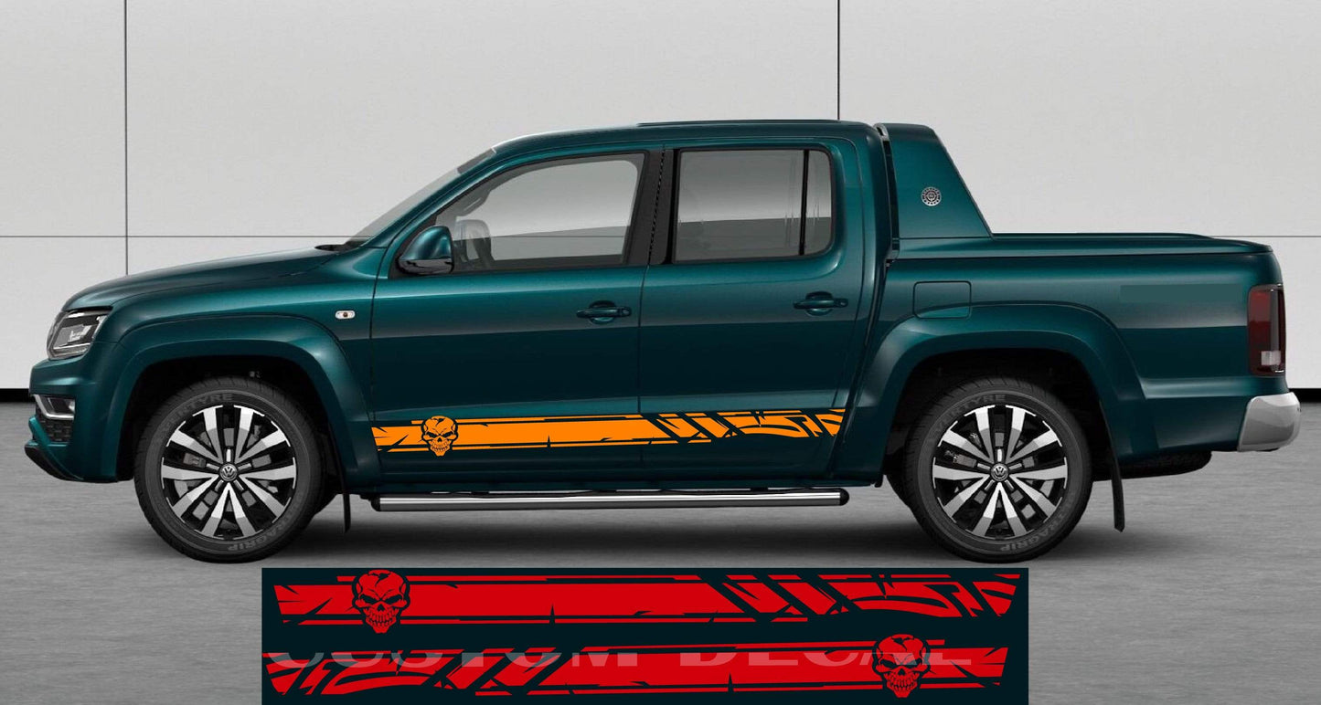 A green Volkswagen Amarok pickup truck with a set of red and black skull line stickers on the side.